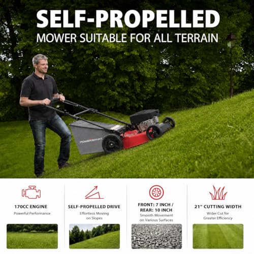 Image of PowerSmart 21-Inch Gas Self-Propelled Lawn Mower, 170cc OHV Engine, Reinforced Steel Deck, 3-in-1 Bagging /Mulching /Rear Discharge, 6 Cutting Heights (1.5 inch-3.9 inch), 10 inch Rear Wheels, Foldable Handle