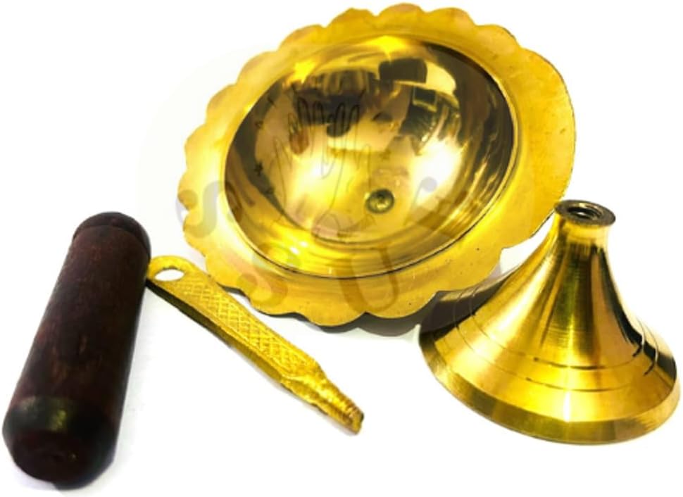 Brass Burner Incense Loban Dhoop Dani Kapoor Camphor Charcoal Bakhoor Dhup Sambrani Puja Aarti Pooja Spirituality, Peace Worship Positivity with Wooden Handle Gift (10 Inches)