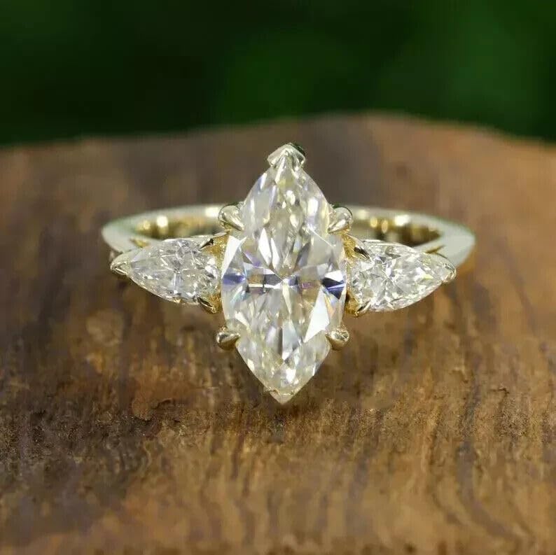 AARK & CO 2.5 Carat Marquise Cut White Diamond Three Stone Solitaire Engagement Ring, 14K Yellow Gold Finish2