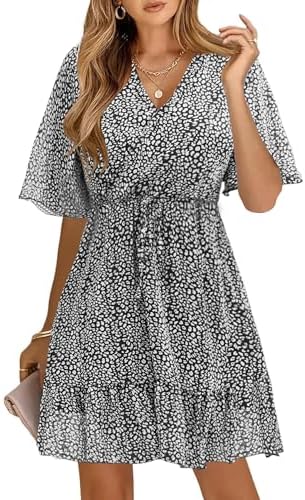 KIRUNDO Womens Summer Dresses 2026 Casual Spring Short Sleeve V Neck Ruffle Floral Print High Waist Belted Flowy Mini Dress