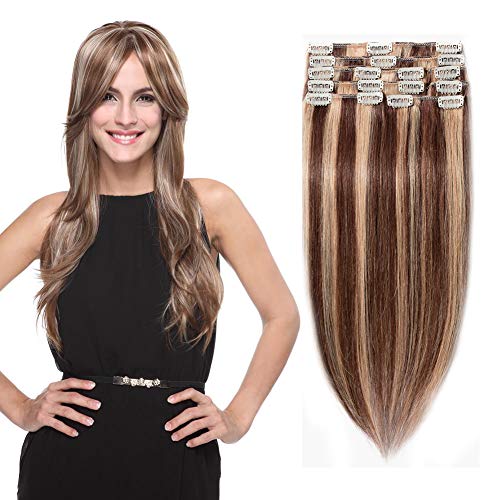 Clip in 100% Remy Human Hair Extensions #4/27 8"-24" Grade 7A Quality Full Head 8pcs 18clips Long Soft Silky Straight for Women Fashion,Medium brown mix Dark Blonde 16" / 16 inch 90g
