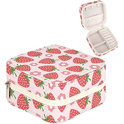 Joyidec PU Leather Mini Strawberry Pink Flower Jewelry Box, Small Travel Jewelry Box Case Storage Holder for Rings Earrings Necklace Bracelet Pendant Organizer Cover
