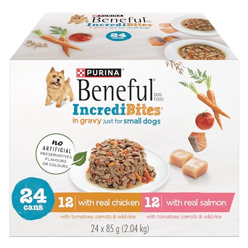 Beneful Incredibites Wet Dog Food for Small Dogs, Real Chicken & Salmon in Gravy Variety Pack – 85 g Can (24 Pack)