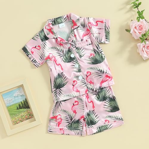 Qiylii 2PC Toddler Girls Short Satin Pajamas Butterfly Flamingo Button-Up Pjs Short Sleeve Summer Silk Pajamas Loungewear2