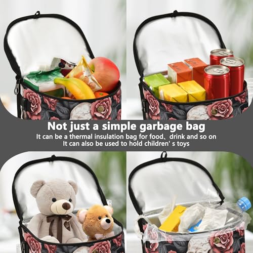 Image of MNSRUU Car Trash Can with Lid, Gothic Skull and Flower Car Trash Bag Hanging Organizers and Storage for Front Back Seat, Leak-Proof Trash Bin