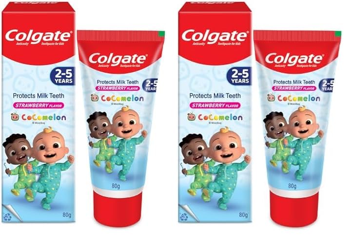 Image of Colgate Kids Cocomelon Toothpaste for 2-5 Years - 80gm, 50% Lesser Abrasive Tooth Paste Formula for Cavity Protection of Milk Teeth (Strawberry Flavour) (Pack of 2)