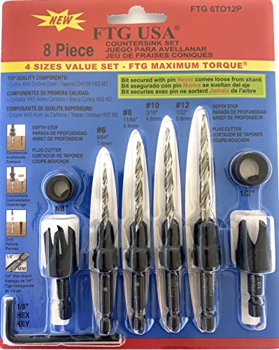 Image of FTG USA 4 Pc Wood Countersink Set #4#8#10#12 w / 2 Collars & 2 Plug Cutters | Includes 3 /8 inch and 1 /2 inch depth stop collars plus 3 /8 inch and 1 /2 inch plug cutters. Comes with hex key for quick bit adjustments