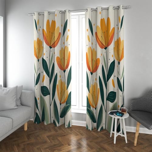 PARREN Cortinas Opacas Florales nórdicas Flores Naranjas Hojas Verdes Tapa Puerta Cortinas para salón Dormitorio con Aislamiento térmico Extra Largo W140xL260cm 2 Paneles