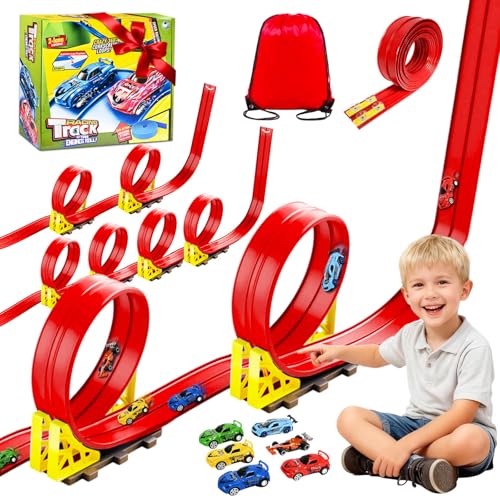 Rennbahn Kinder 5M, Autorennbahn Flexible mit 6 Autos, Rennstrecke Auto Autobahn Kinder Rollt Auf Dual Rennbahn Rampen, Autorennbahn Race Car Track f&uuml;r 1/64th Autos, Geschenk ab 3+ Jahr(Rot)