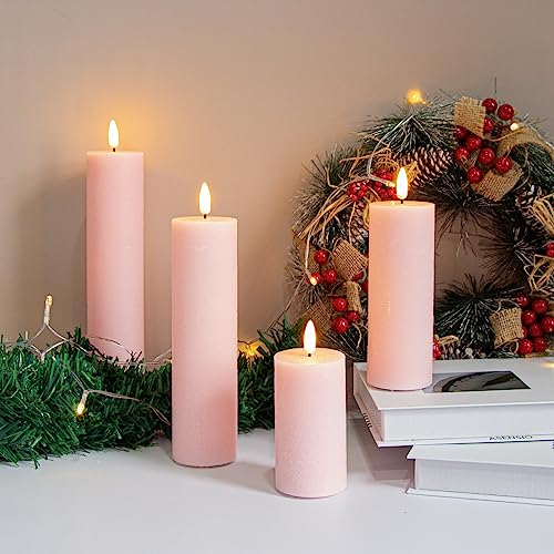 Image of Flickering Flameless Pillar Candles with Remote Control and Cycle Timer,Pink Pack of 4 Battery Operated(Powered by 2AA) LED Real Wax Tall Fake 3D-Wick Electric Candles(D 2.2 inch x H 4 inch,6 inch,8 inch,10 inch)