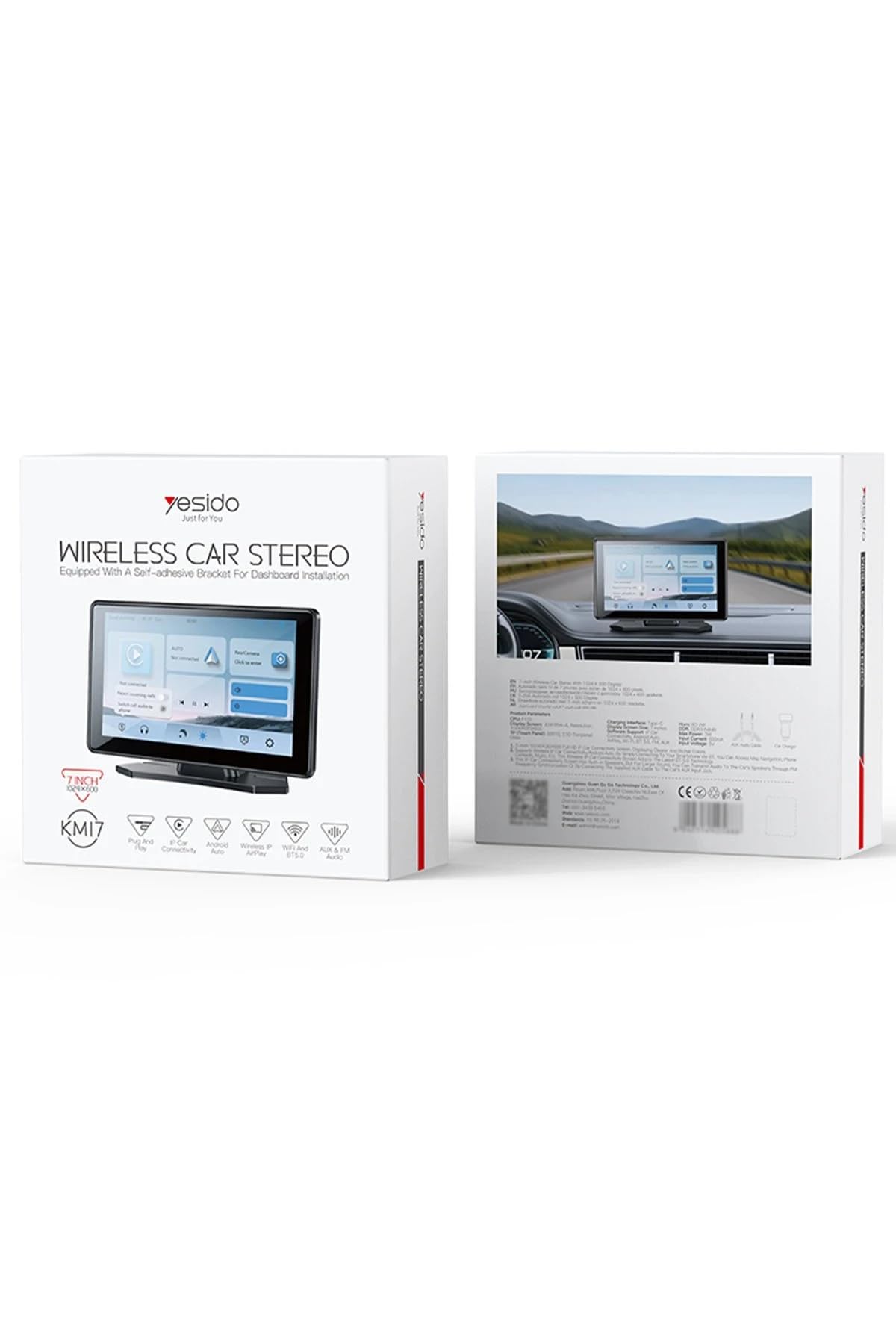 YESIDO Multimedya Araç Sistemi - BT5.0 Dahili Mikrofonlu 7 inç 60Hz HD Ekranlı Taşınabilir Navigasyon, CarPlay, Android Auto, AirPlay ve Bluetooth Destekli, 1024x600, KM17, Siyah