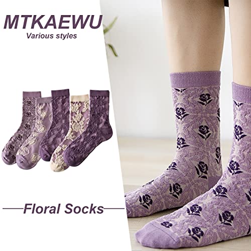 Image of 5 Pack Cute Womens Floral Socks, Vintage Embroidered Frilly Floral Ankle Cotton Cottagecore Socks