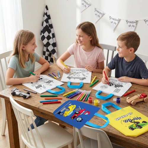 Image of Race Car Coloring Goodies Bags for Kids-24Pcs Racing Themed Bulk Color Your Own Gift Bags with Handle Reusable Non-Woven DIY Coloring Tote Bags for Summer Holiday DIY Activity Birthday Party Supplies