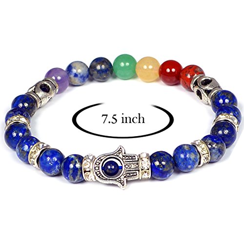 Image of Reiki Crystal Products Certified Natural Crystal Stone 7 Chakra with Hamsa 8 mm Round Beads Bracelet for Men & Women | Reiki Charged Gemstone Bracelet | Multiple Stone Variants Available