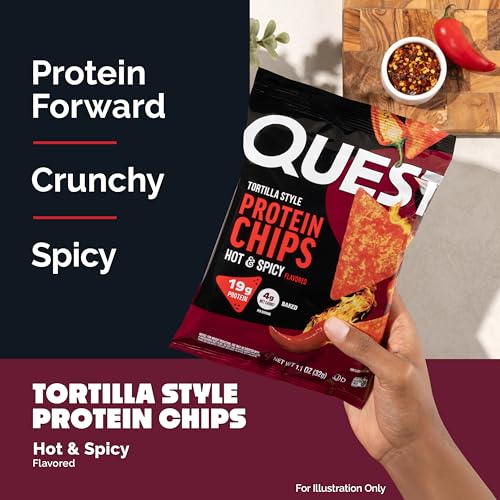 Image of Quest Nutrition Tortilla Style Protein Chips, Hot & Spicy, 19g of Protein, 4g Net Carbs, High Protein, Gluten Free, 1.1 Ounce, 4 count