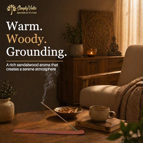 Image of Simply Vedic Luxe Sandalwood Incense Sticks (50 Sticks) Hand Rolled Masala Agarbatti with Holder | Natural Chandan Fragrance for Puja Meditation Daily Use Long Lasting Low Smoke Home Fragrance