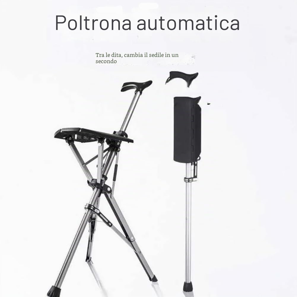 Bastone da passeggio pieghevole con sedile, sedia portatile con bastone da passeggio in lega di alluminio, sgabello treppiede leggero con funzione di sblocco automatico, sedia pieghevole antiscivolo (