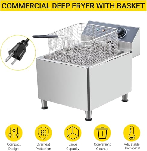 Electric Deep fryer Stainless Steel with Basket & Lid 2.0, Capacity 11L Countertop Fryers, for Home Kitchen and Restaurant Use with Large Thick Frying Basket and Lid, 1700 W, 110V