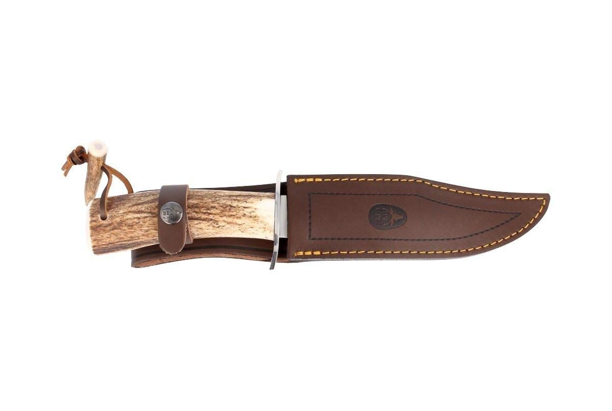 Muela Cuchillo de caza GRED-17 con hoja de acero inoxidable ACX-380 de 17 cm y empuñadura de asta de ciervo para Caza, Pesca, Supervivencia y Bushcraft + Portabotellas de regalo