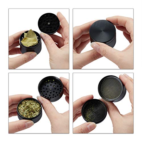 Relaxdays Grinder, 4-delig, zeef, pollenvak, schraper, magnetisch deksel, tabak crusher, metaal, diameter: 5 cm, zwart - Image 7