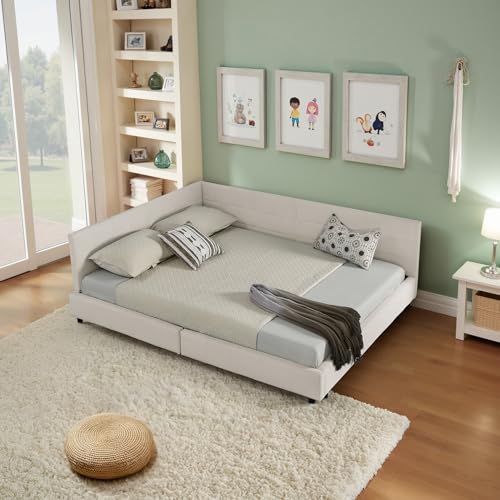 LAKFEW Schlafsofa Bett 140x200 mit Rückenlehne, Schlafcouch Polsterbett mit Samtdesign, Tagesbett mit Lattenrost, Schlafzimmer möbel, Ohne Matratze, Samt, Beige