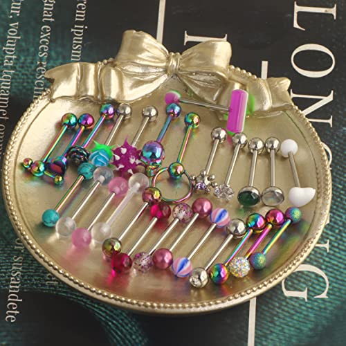 Suotarn 26Pcs 14G Tongue Rings Stainless Steel Tongue Piercing Barbells Long Acrylic Glow In Dark Pill Rose Skull Zircon Tounge Bar For Women Men #TOP2