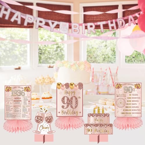 Image of Zirtorei 90th Birthday Decorations for Women, Pink Rose Gold The Year 1936 Happy 90th Birthday Table Honeycomb Centerpieces Party Supplies, 5pcs 90 Year Old Bday Table Toppers Decor