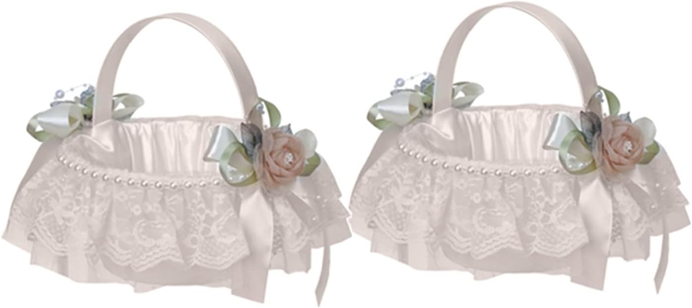 2PCS Wedding Flower Girl Baskets,Cute Handle Flower Girl Basket White Flower Basket for Wedding Decoration (Lace)