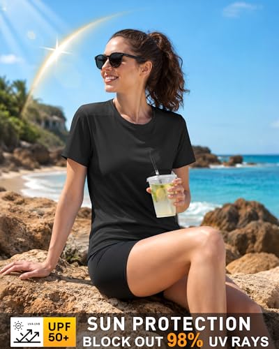 Image of Roadbox Women's Workout Tops Short Sleeve, UPF 50+ Sun Protection Shirts, Quick Dry Athletic Gym Running Hiking Tee Shirt