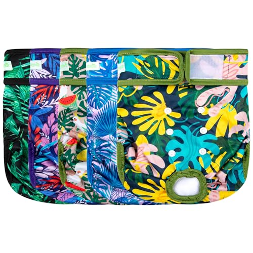 Image of wegreeco Female Dog Diapers, Washable Reusable Pet Puppy Doggie Diapers for Small Medium Large Female Dogs in Heat Period, Doggy Period Panties, 5 Pack, Small, Leaf