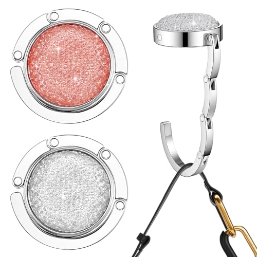 Wanmu 2Pcs Foldable Purse Hook Bling Rhinestone Folding Handbag Hanger Womens Bag Holder Table Bag Holder for Desk (Pink White)