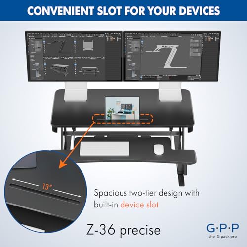 Image of 36″ Wide Standing Desk Converter - Sit-to-Stand Workstation for Dual Monitors, Height Adjustable Up to 17.3″ with Large Keyboard Tray - Black