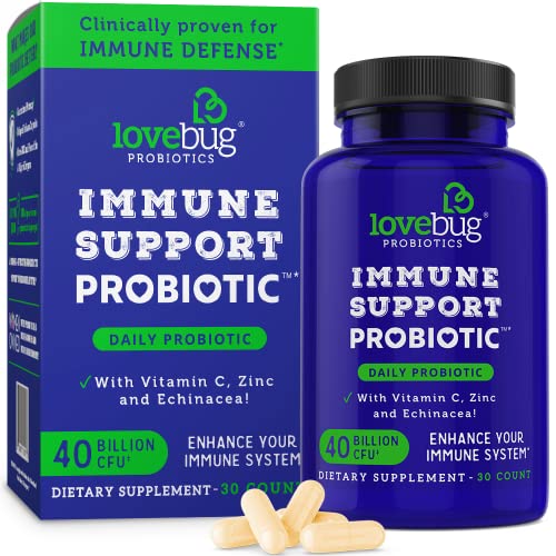 LoveBug Probiotics Immune Support Daily Probiotic for Men & Women, 40 Billion CFU & 6 Strains, Includes Vitamin C, Zinc & Echinacea, 30 Capsules, Vegan & Non-GMO