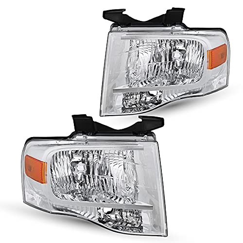 TUSDAR Headlights Assembly Set for 2007 2008 2009 2010 2012 2013 2014 Ford Expedition Passenger & Driver Side (Chrome Housing with Amber Reflector)