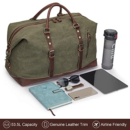 S-ZONE Duffle Bag for Travel 60L Canvas Duffel Bag Carry on Genuine Leather Overnight Weekender Bag for Men