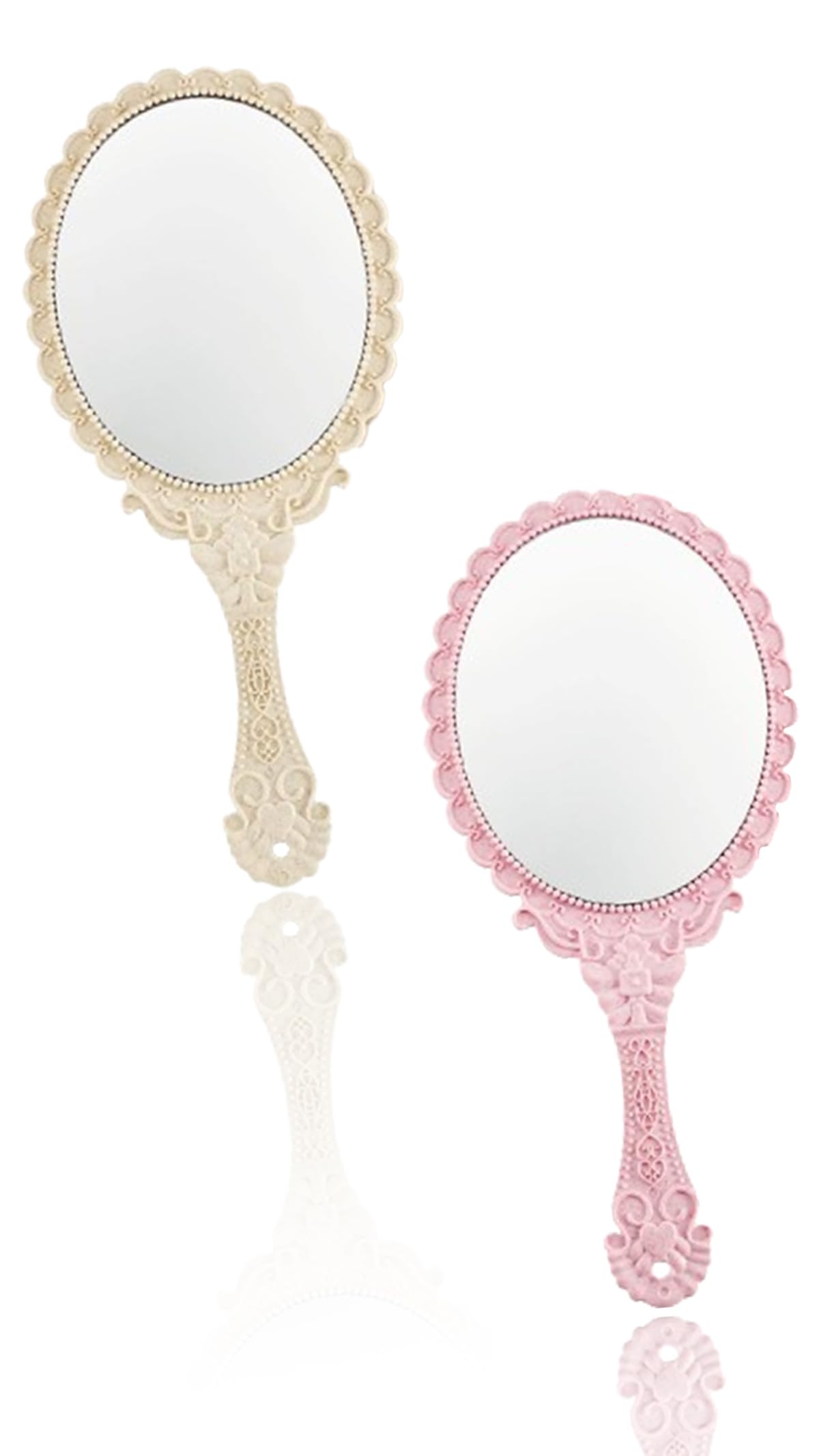 Sweet seven Vintage Handheld Mirrors - 2 Pieces Portable Embossed Flower Mirror with Handle for Face Makeup, Travel, and Salon Use (Pink, Cream)