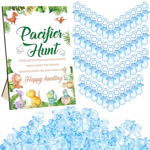 Image of Thyle 51 Pcs Dinosaur Pacifier Hunt Baby Shower Games Include Dinosaur Theme Hunt Sign and 50 Acrylic Pacifiers for It's a Boy Baby Shower Game Decoration Gift Sets Gender Reveal Party Decor
