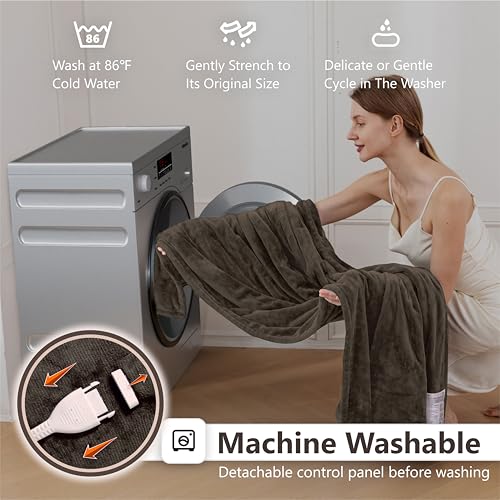 Image of Wapaneus Foot Pocket Heated Blanket Electric Throw with 10 Heating Levels and Auto Shut Off,Flannel Fast-Heating Heated Throw 50 inch x 60 inch,ETL Listed Machine Washable,Dark Brown