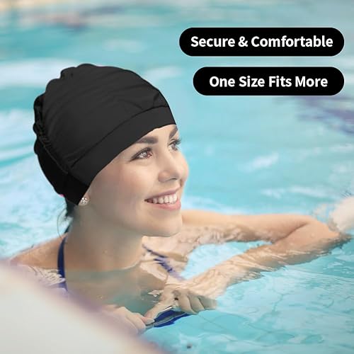 Miniatura 2 de 2 gorras de natación de tela para mujer, tela duradera, no impermeable, elástica, gorra de baño para cabello largo