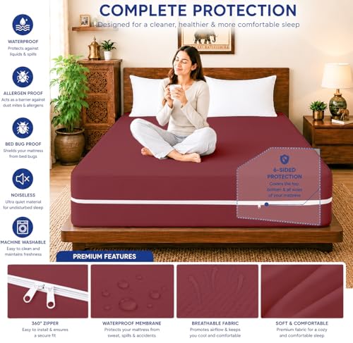 Image of ARLinen Waterproof Mattress Protector Cover Single Size with Zipper - 6 Sided Bed Bug Proof Encasement, Dustproof & Breathable Fabric, Fits 36x78x6 Inch Mattress, Maroon