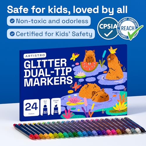 Image of ARTISTRO 24 Shimmering Glitter Dual-Tip Paint Pens - Sparkly Markers with Acrylic Ink for Rock, Ceramic, Wood, Fabric, & More - Dot + Chisel Tips