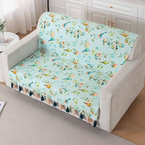 Image of HOKIPO Sofa Cover with Tassel for 2 Seater Sofa | Full Protection for Seat and Back | Printed Holland Velvet Fabric | 'Whispers of Nature' (160x120 cm), Mint Birdsong Blossom (IN-1126-D3)