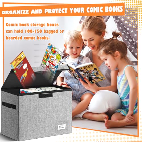 Image of Leffis Comic Book Storage, Box 15.5 inch X 7.5 inch X 11.3 inch, Collapsible Comic Short Box with Lids Holds 150 Comics Heavy Duty Comic Book Bin Container (2 pack, grey)