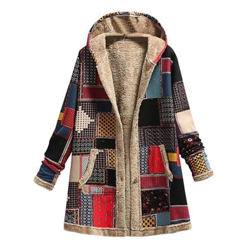 Women's Winter Ethnic Style Patchwork Sherpa Fleece Lined Hooded Jacket Plus Size Fluffy Patchwork Jackets For Women