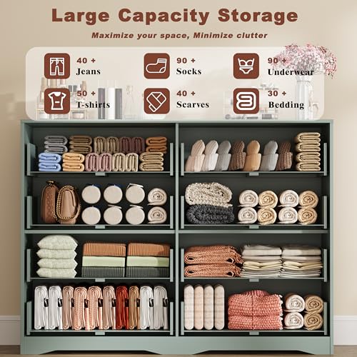 Image of Fluted 8 Drawer Dresser for Bedroom, 55 inch Wide Modern Wooden Chest of Drawers with Metal Handles, TV Stand & Closet Storage Organizer for Living Room,Hallway, Green