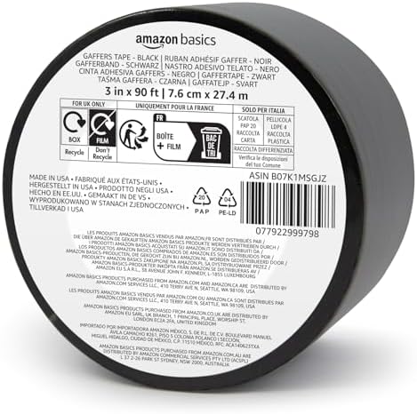 Amazon Basics No Residue, Non-Reflective Gaffers Tape for Photography and Filming, Removable Strong Adhesive for Cords, 3 inch x 90 feet, Black