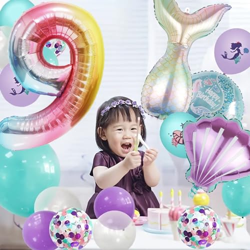 Image of Mermaid Birthday Decorations Mermaid Balloons - Number 9 Balloons for Girls Under The Sea Mermaid Theme Baby Shower Birthday Favors