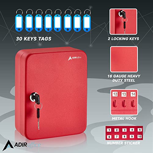 Adiroffice Key Lock Box Cabinet Wall Mount With Keys & 30 Colored Name Tags - Key Safe Organizer For A Mess Free Work Place Such As Car Dealer, Property Manager, Valet Parking & More (30 Keys, Red) #TOP1