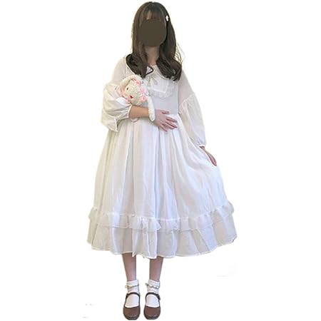 Amazon Mrcos ワンピース ロリータ Lolita 衣装 ゴシック 森ガール ゴスロリ プリンセス お嬢様 レディース 丸襟 パフスリープ パーティードレス デート イベント誕生日 プレゼント 萌え萌え ふんわり 可愛い メイド服 ファション コスプレ Cosplay クリスマス 白 S