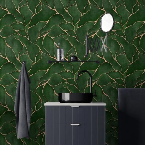 Vinatge Jade Green Fluid Geometrical Mosaic Golden Peel and Stick Wallpaper Easy Peel Off Contact Paper Stick on Adhesive Wall Paper for Bathroom Waterproof Renter Friendly